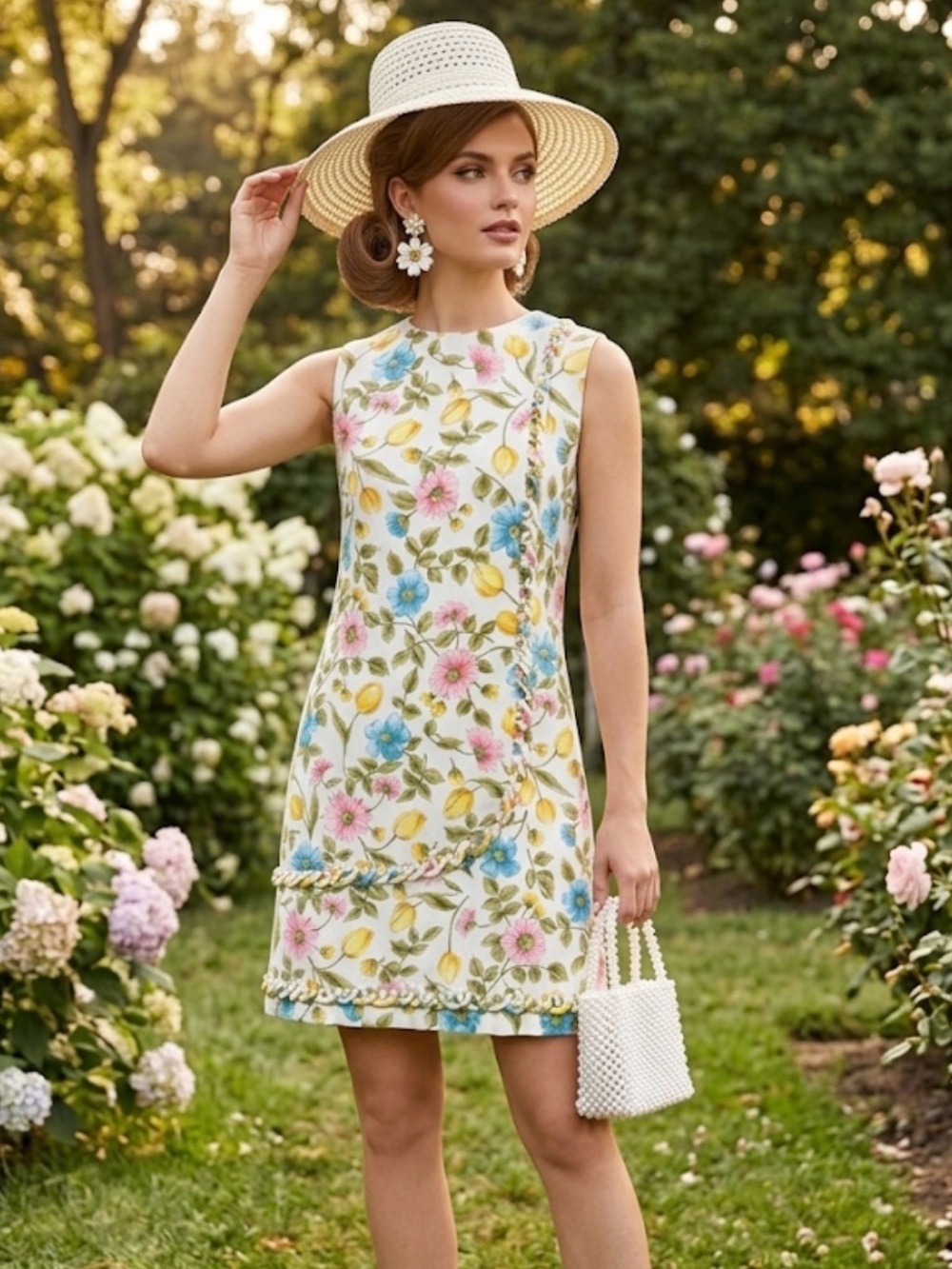 Vintage 1960s McMullen Mod Pastel Tulip Floral Shift Dress Woven Braided Trim